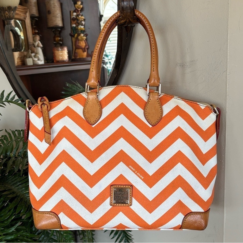 Dooney & Bourke Chevron Orange & White Satchel Handbag Tan Leather Trim Purse